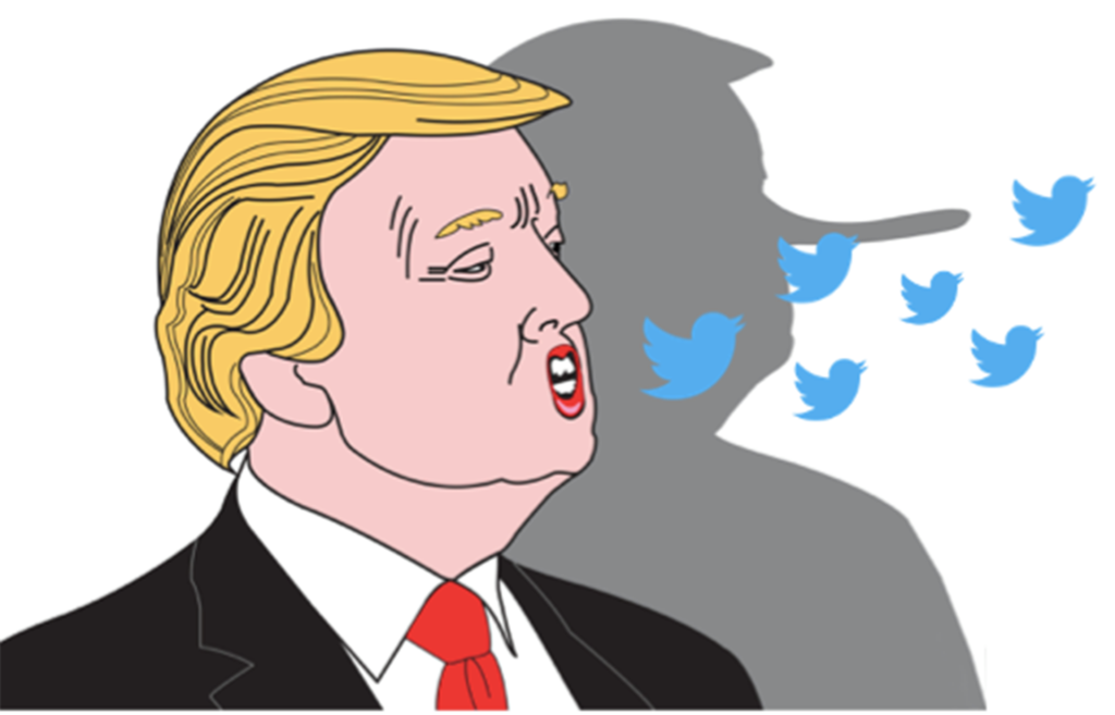 Caricature,  Donald Trump , twitter, mensonge, fake news, plateforme, décision, interview 